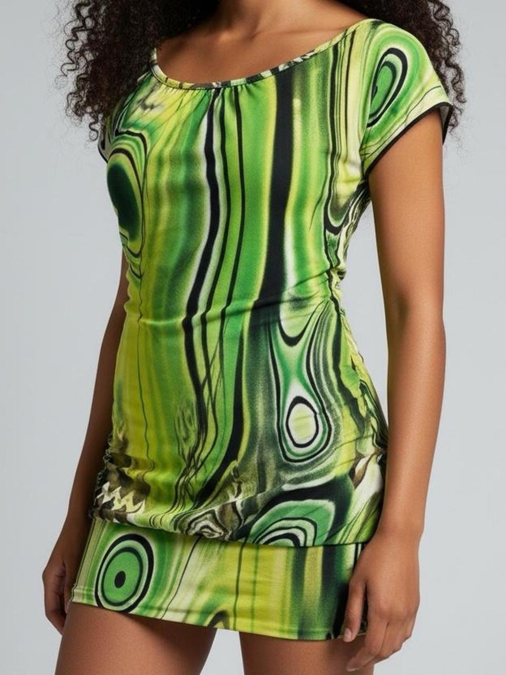 Y2K Voice Psychedelic Green Abstract Banded Top Med Open Back Hippie